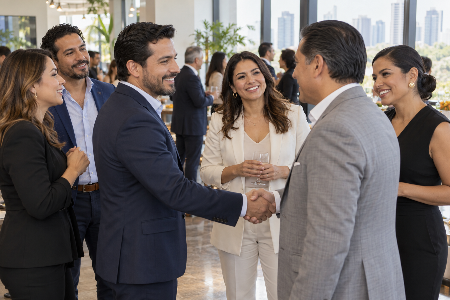 Profesionales latinos conectando en un evento de networking